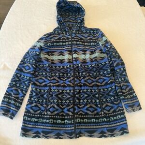 Coldwater Creek Aztec Southwestern Fleece Hooded Jacket Women's Blue Size Large